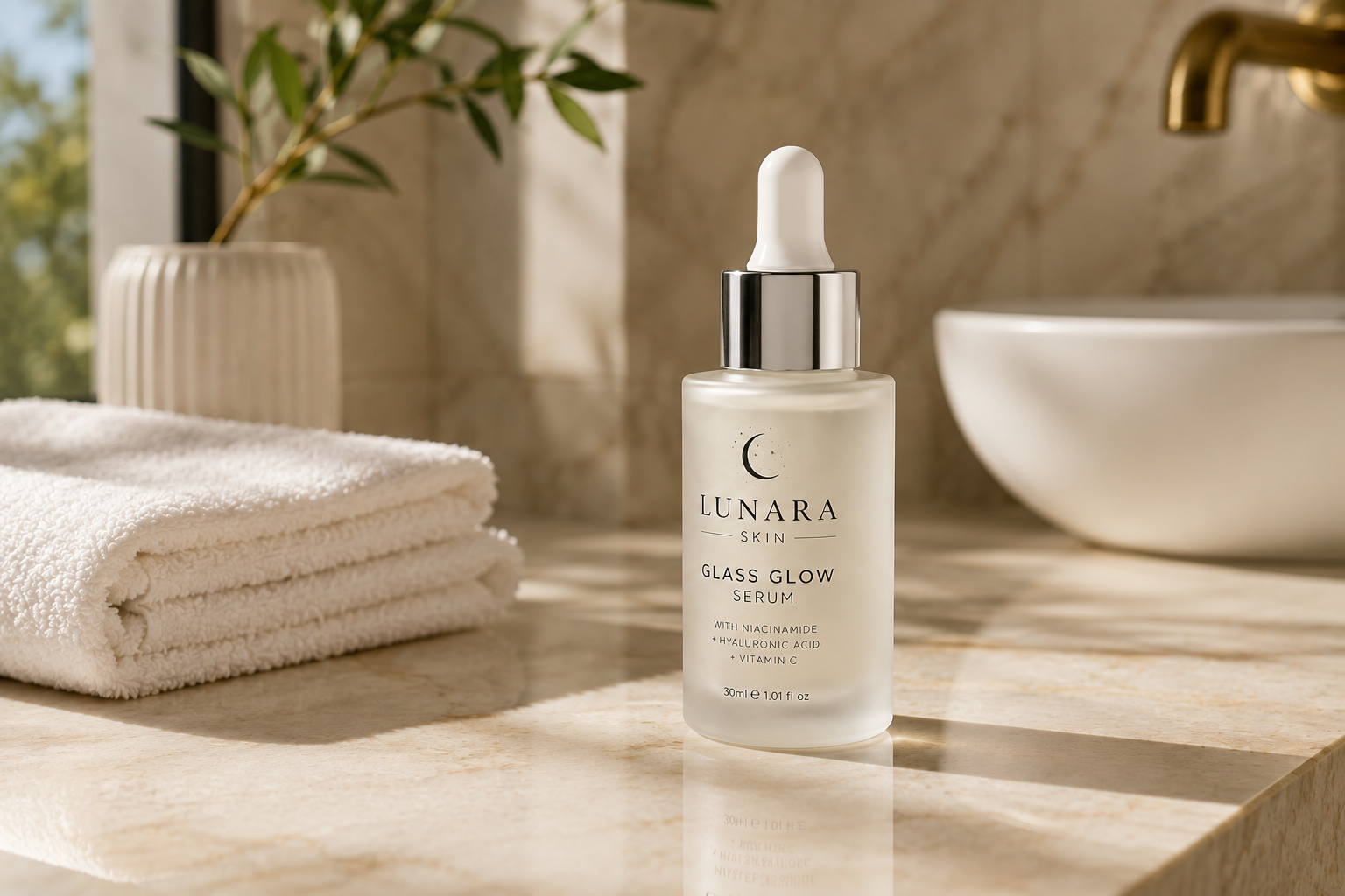 Lunara Skin Glass Glow Serum styled on warm marble with morning light